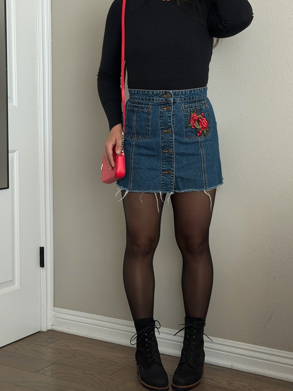 Dark Blue Denim Button-Front Mini Skirt with Embroidered Floral Pocket - Picture 8 of 8